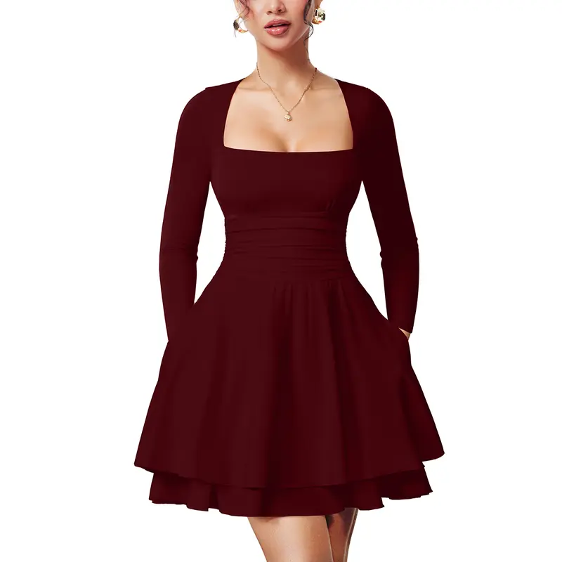 Women's Square Neck Ruffle Hem Mini Dress with Ruched Waist and Long Sleeves
