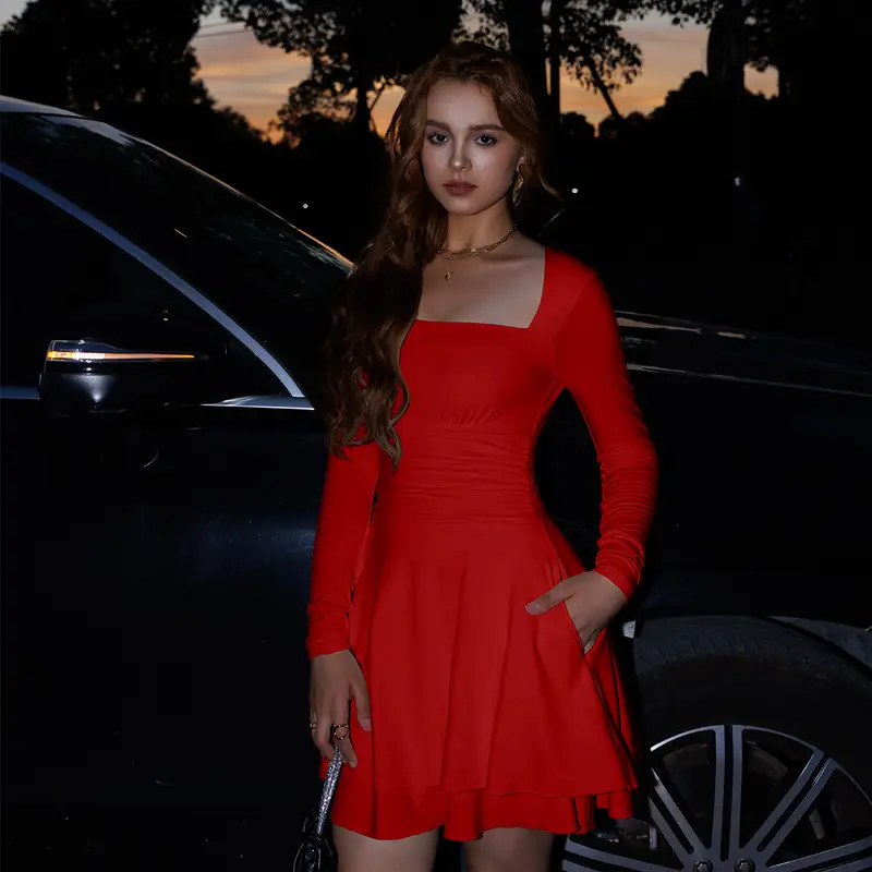 Women's Square Neck Ruffle Hem Mini Dress with Ruched Waist and Long Sleeves