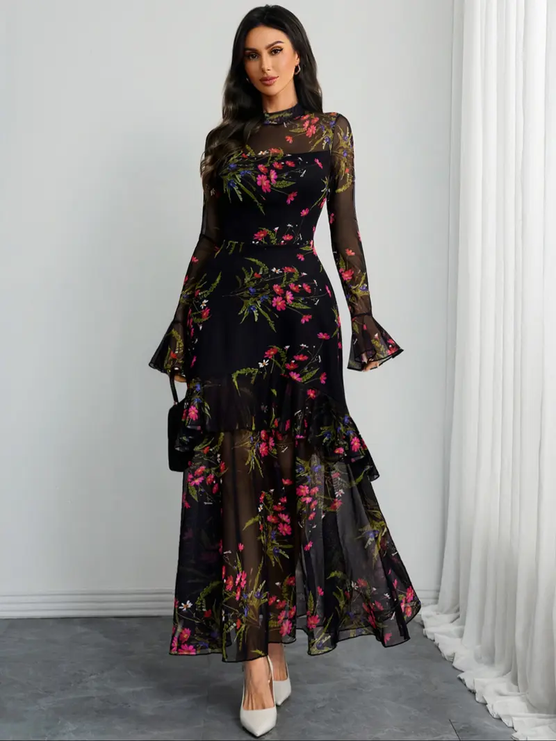 Women’s Floral Mesh Long Sleeve Ruffle Maxi Dress
