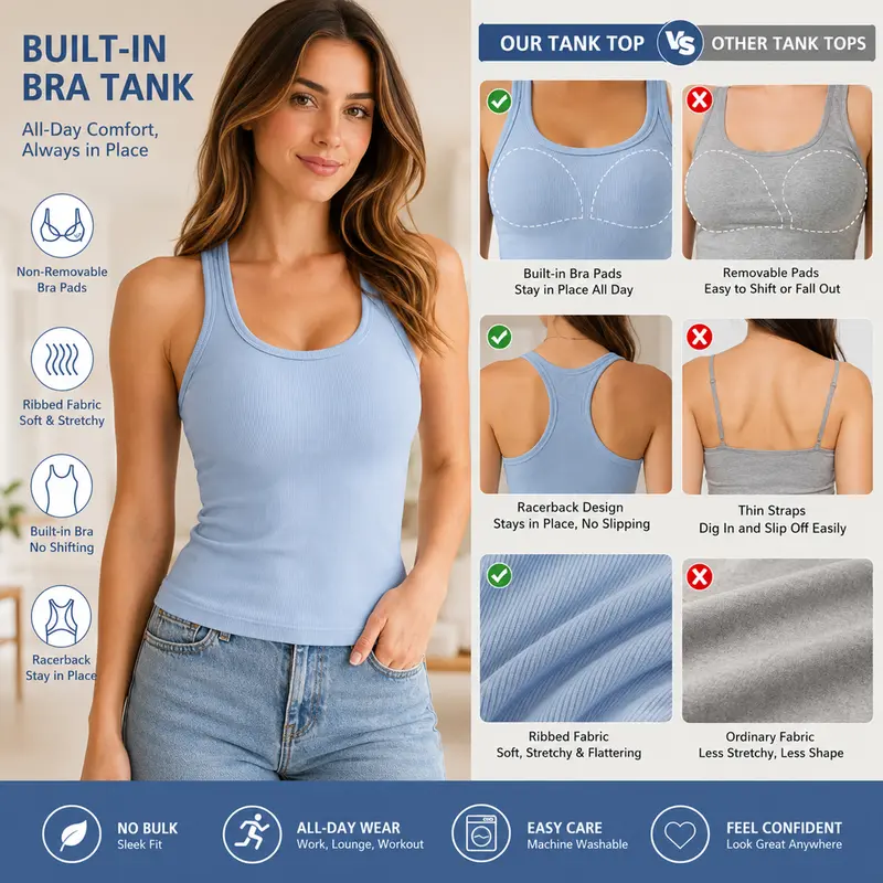 Women's Built-In Bra Tank Top – Classic & Lace-Back Styles with Optional Shorts Set