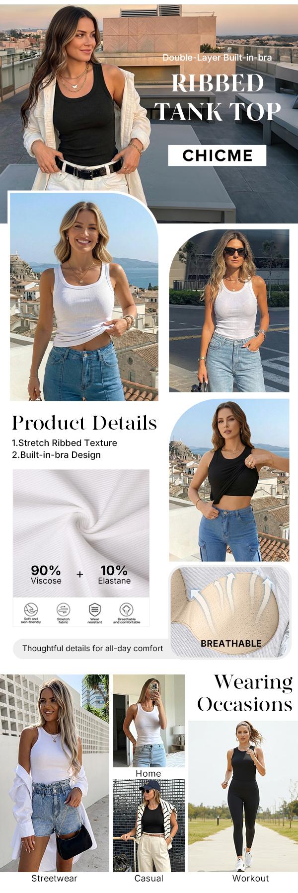 🔥 A versatile ribbed tank designed with a built-in bra, stretchy fabric and a classic racerback silhouette. Easy to wear on its own or layer with your favorite everyday outfits.