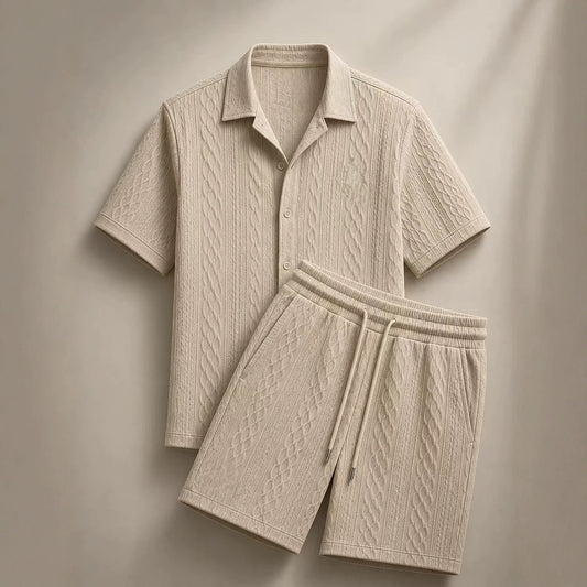 Men Cable Textured Shirt & Shorts 2 Piece Casual Matching Set | Breathable Relax Fit Outfit