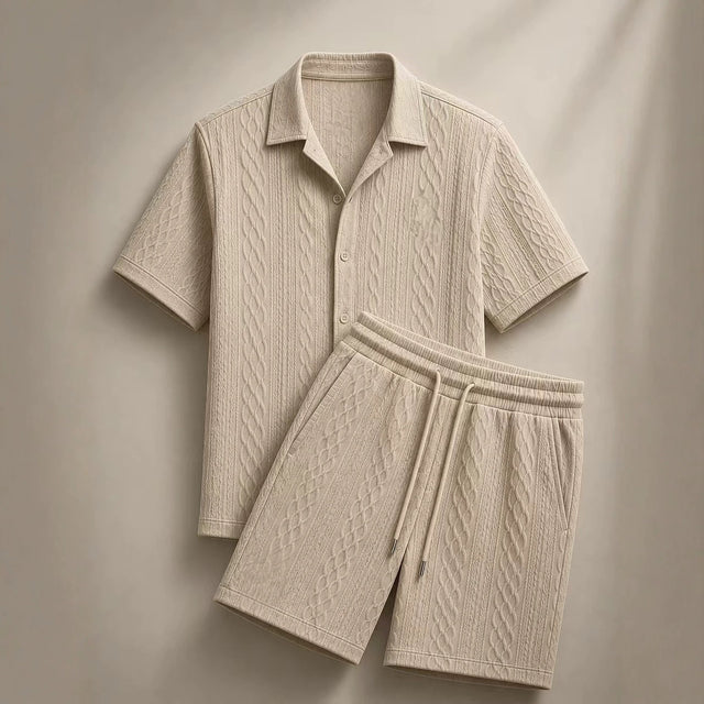 Men Cable Textured Shirt & Shorts 2 Piece Casual Matching Set | Breathable Relax Fit Outfit