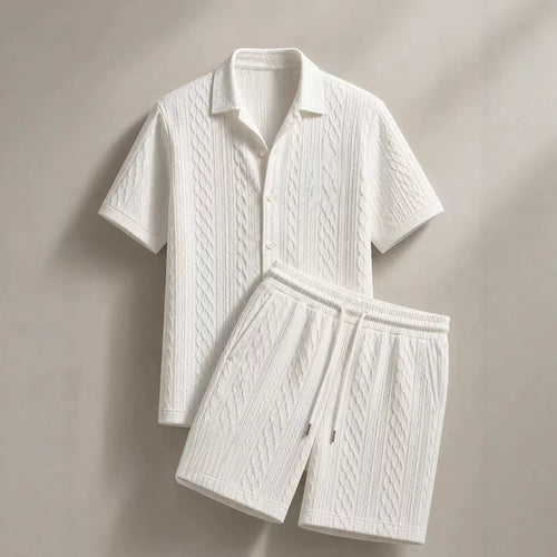 Men Cable Textured Shirt & Shorts 2 Piece Casual Matching Set | Breathable Relax Fit Outfit