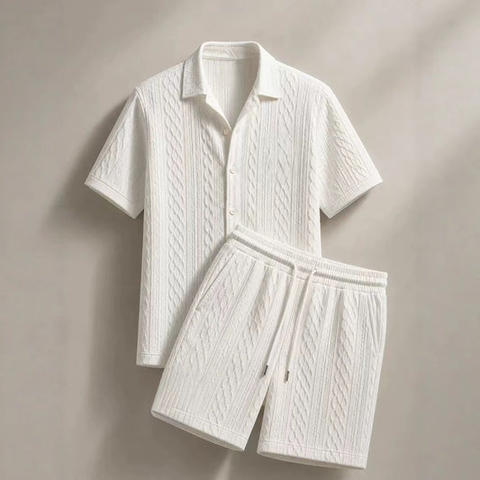 Men Cable Textured Shirt & Shorts 2 Piece Casual Matching Set | Breathable Relax Fit Outfit