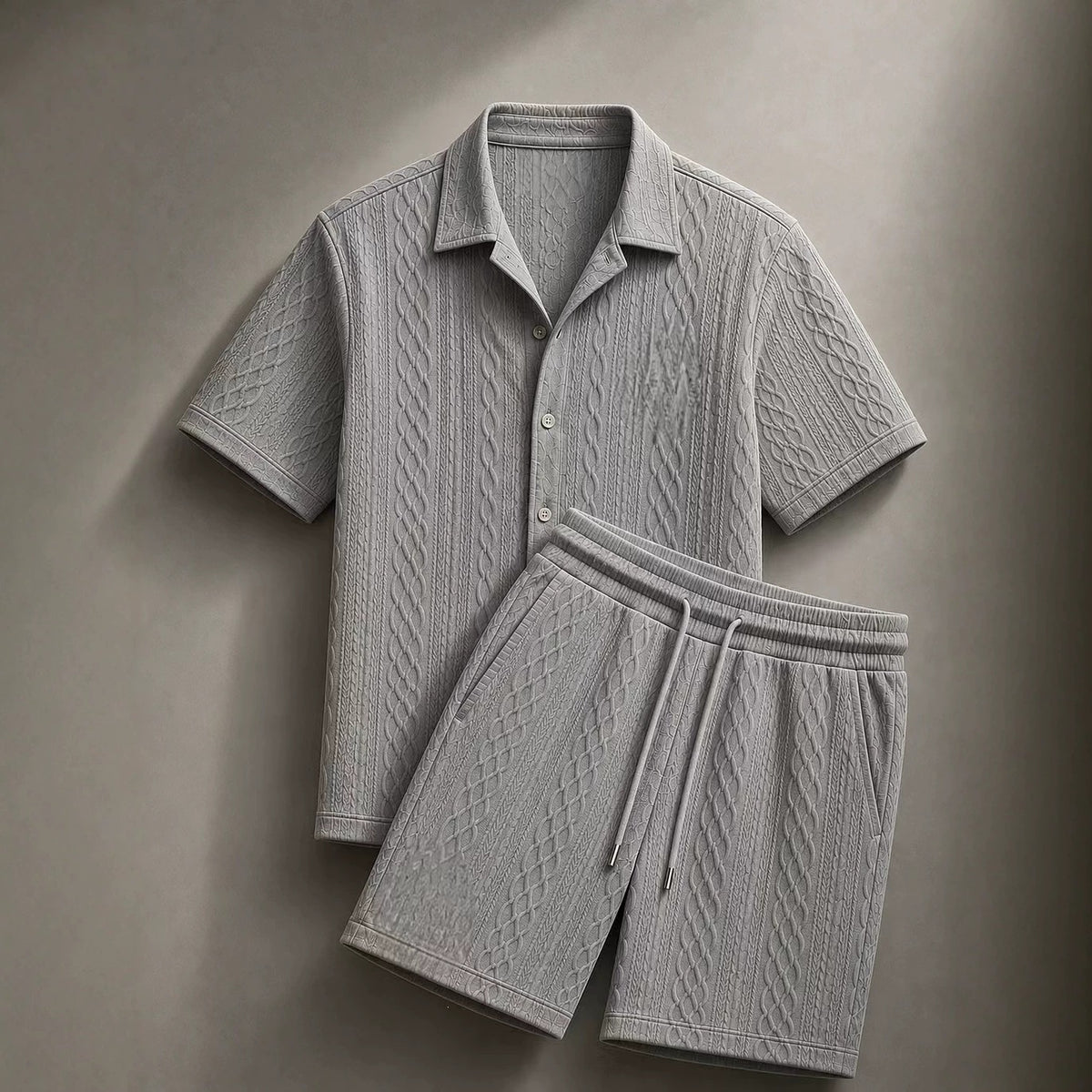 Men Cable Textured Shirt & Shorts 2 Piece Casual Matching Set | Breathable Relax Fit Outfit