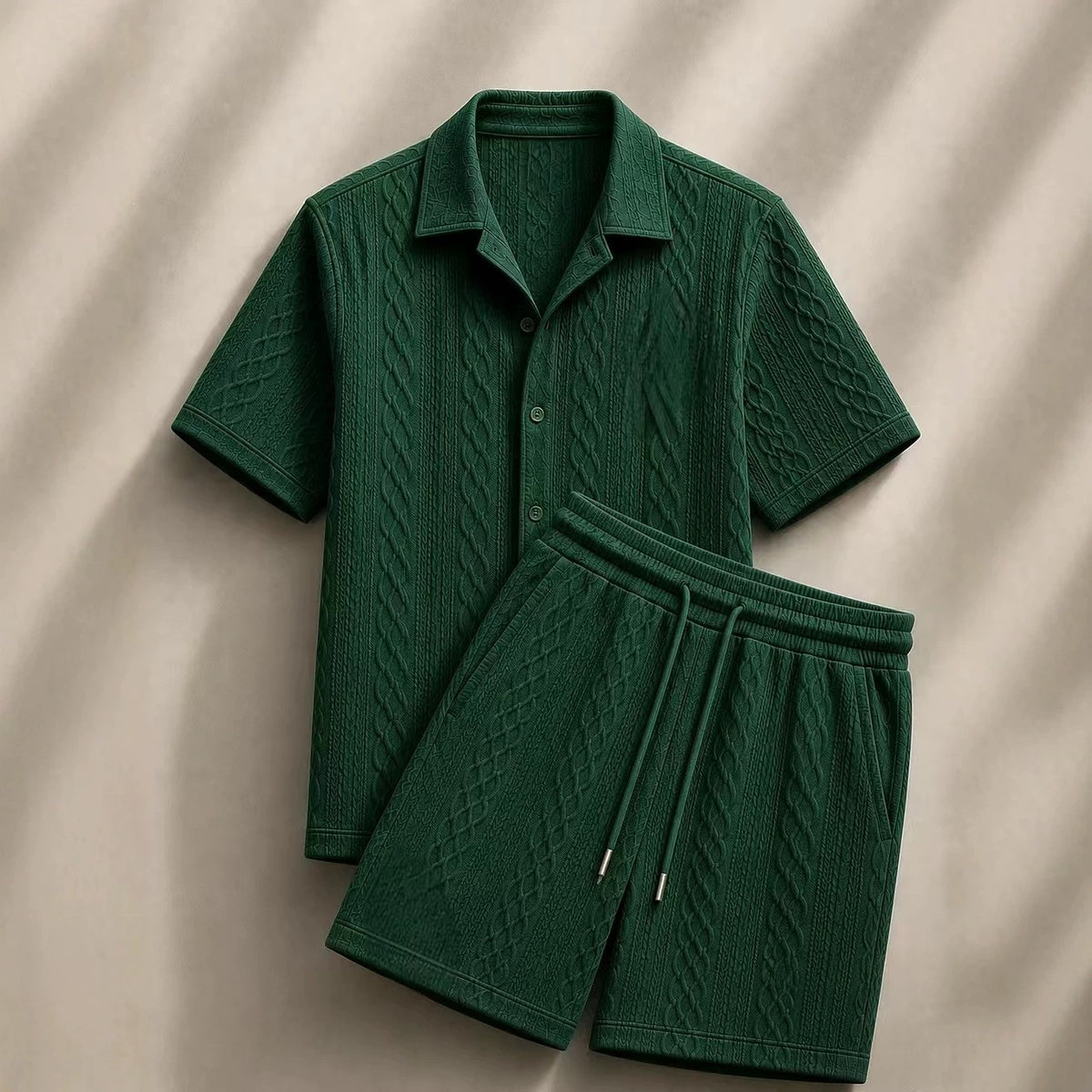 Men Cable Textured Shirt & Shorts 2 Piece Casual Matching Set | Breathable Relax Fit Outfit