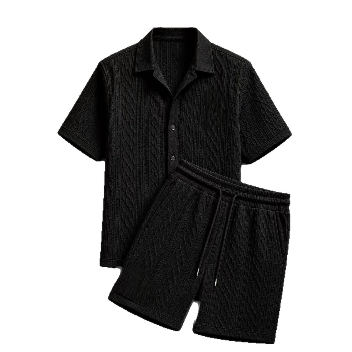 Men Cable Textured Shirt & Shorts 2 Piece Casual Matching Set | Breathable Relax Fit Outfit