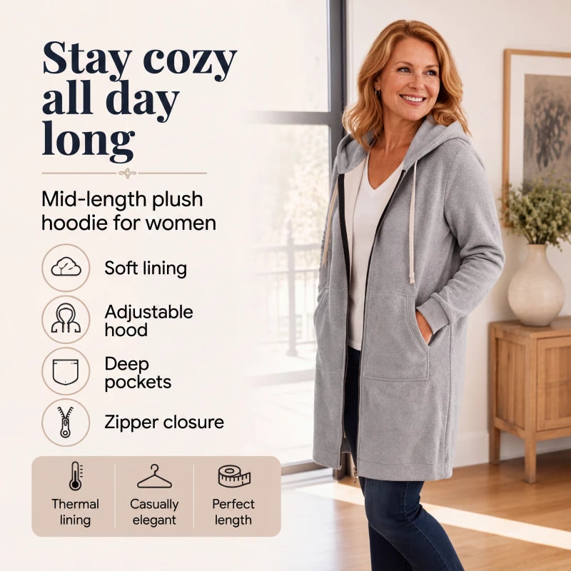 Women's Longline Fleece-Lined Zip-Up Hoodie with Pockets