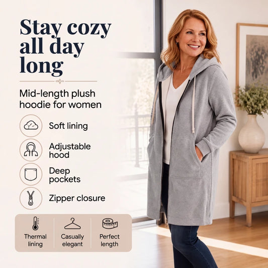 Women's Longline Fleece-Lined Zip-Up Hoodie with Pockets