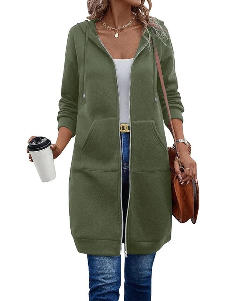 Women's Longline Fleece-Lined Zip-Up Hoodie with Pockets