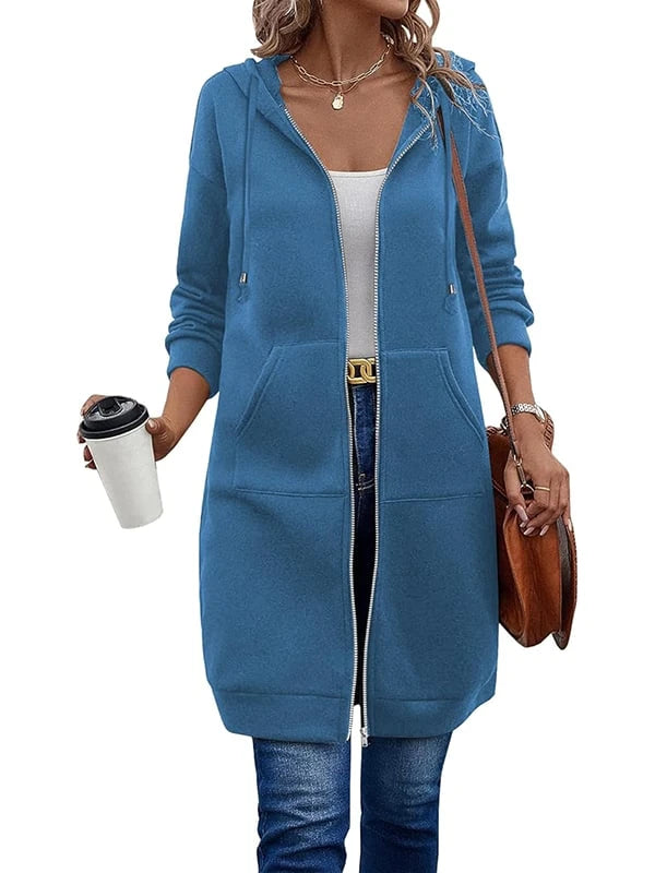 Women's Longline Fleece-Lined Zip-Up Hoodie with Pockets