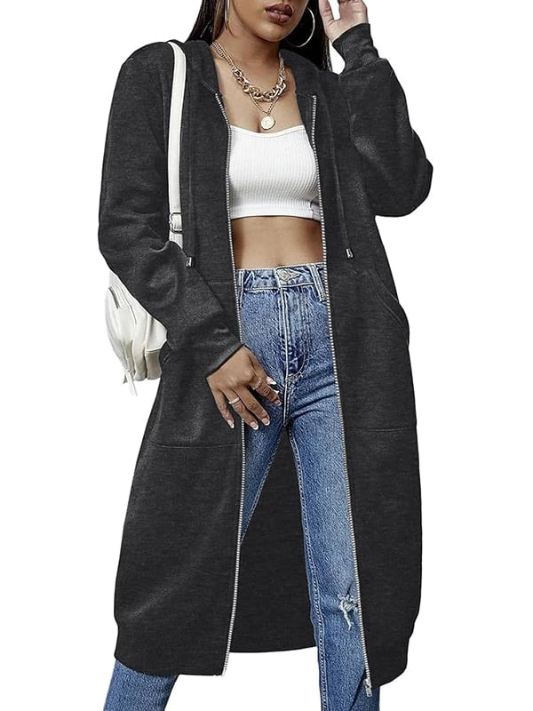 Women's Longline Fleece-Lined Zip-Up Hoodie with Pockets