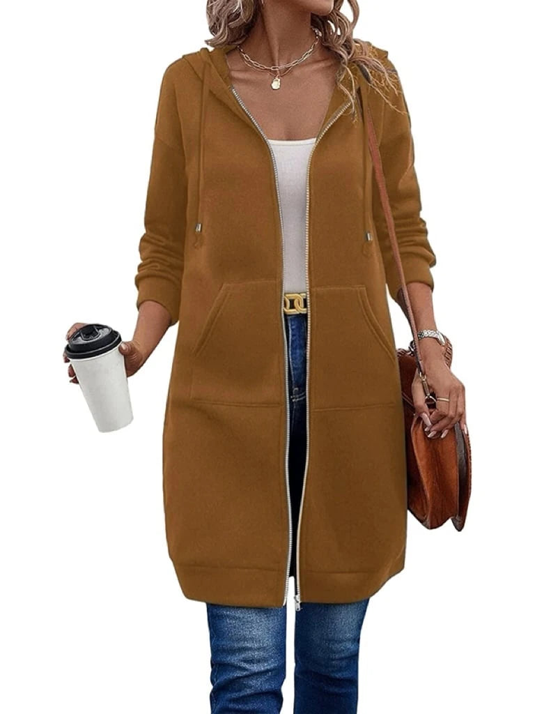 Women's Longline Fleece-Lined Zip-Up Hoodie with Pockets