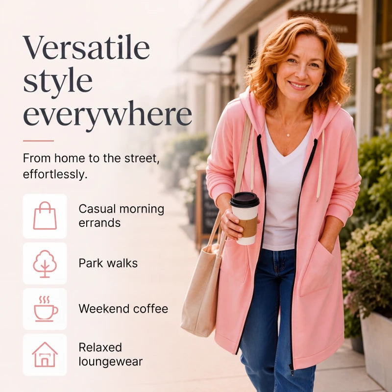 Women's Longline Fleece-Lined Zip-Up Hoodie with Pockets