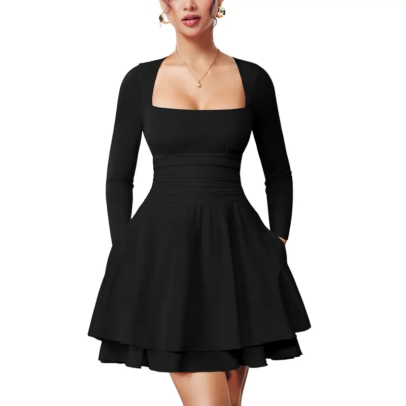 Women's Square Neck Ruffle Hem Mini Dress with Ruched Waist and Long Sleeves