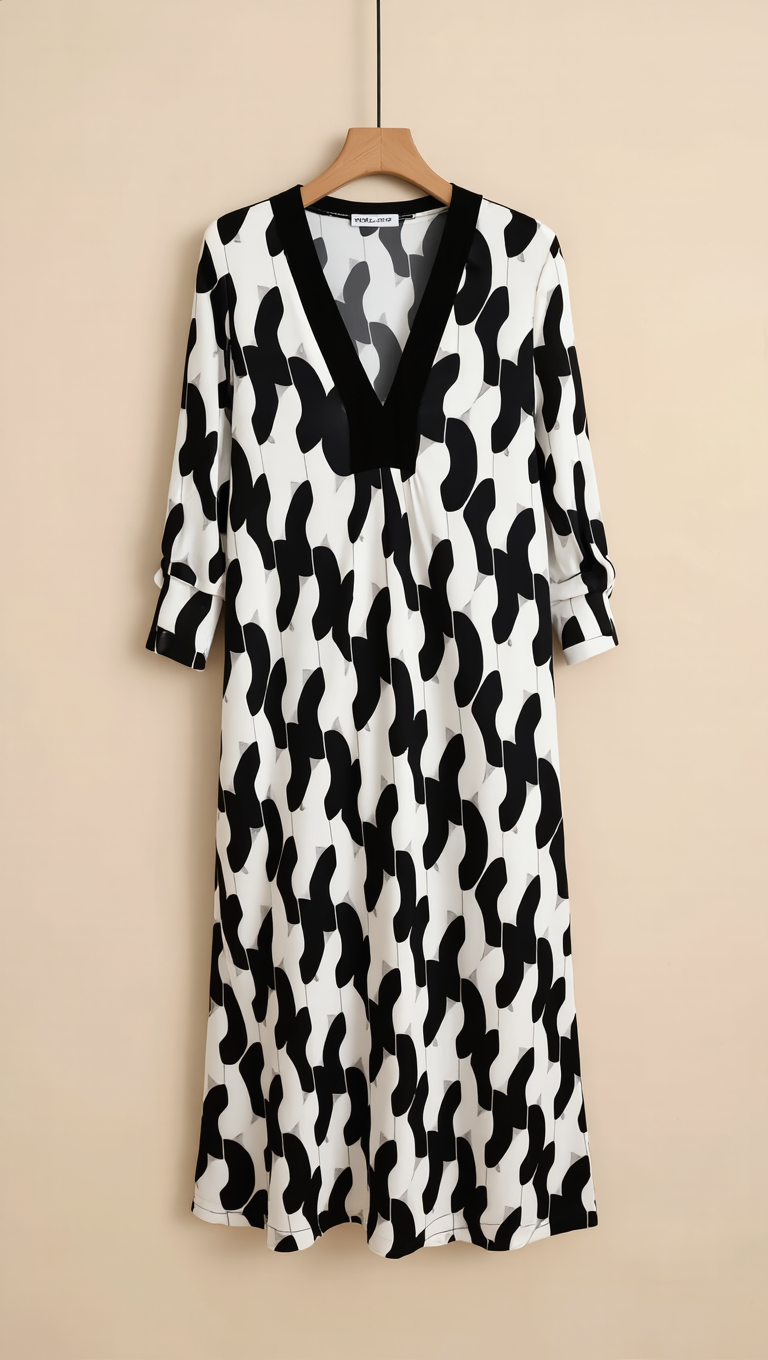 V‑Neck 3/4 Sleeve Midi Dress, Loose‑Fit Casual Flowy Tunic Dress For Daily Wear