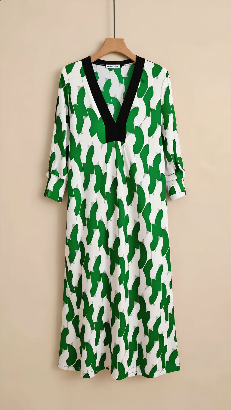 V‑Neck 3/4 Sleeve Midi Dress, Loose‑Fit Casual Flowy Tunic Dress For Daily Wear