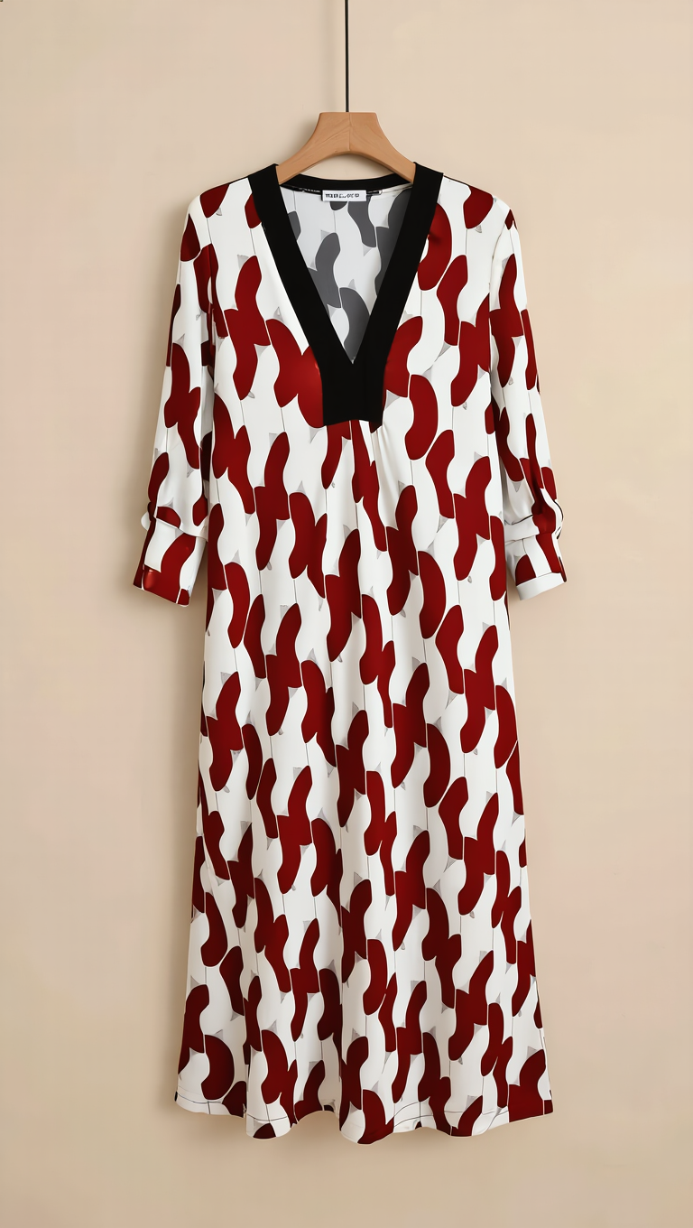 V‑Neck 3/4 Sleeve Midi Dress, Loose‑Fit Casual Flowy Tunic Dress For Daily Wear