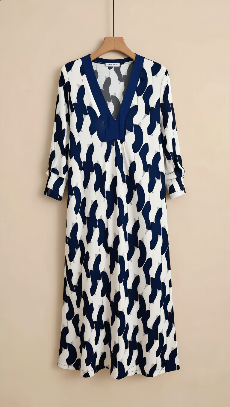 V‑Neck 3/4 Sleeve Midi Dress, Loose‑Fit Casual Flowy Tunic Dress For Daily Wear