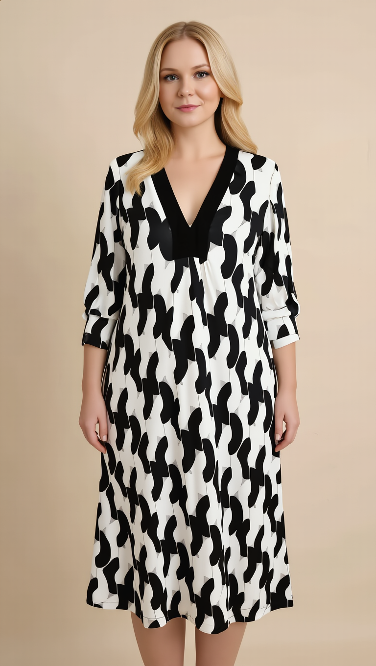 V‑Neck 3/4 Sleeve Midi Dress, Loose‑Fit Casual Flowy Tunic Dress For Daily Wear
