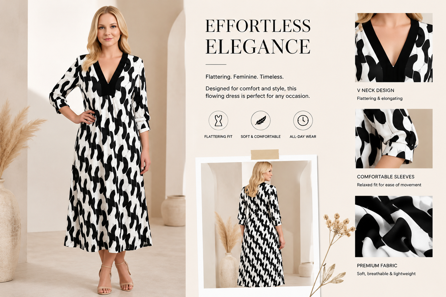 V‑Neck 3/4 Sleeve Midi Dress, Loose‑Fit Casual Flowy Tunic Dress For Daily Wear