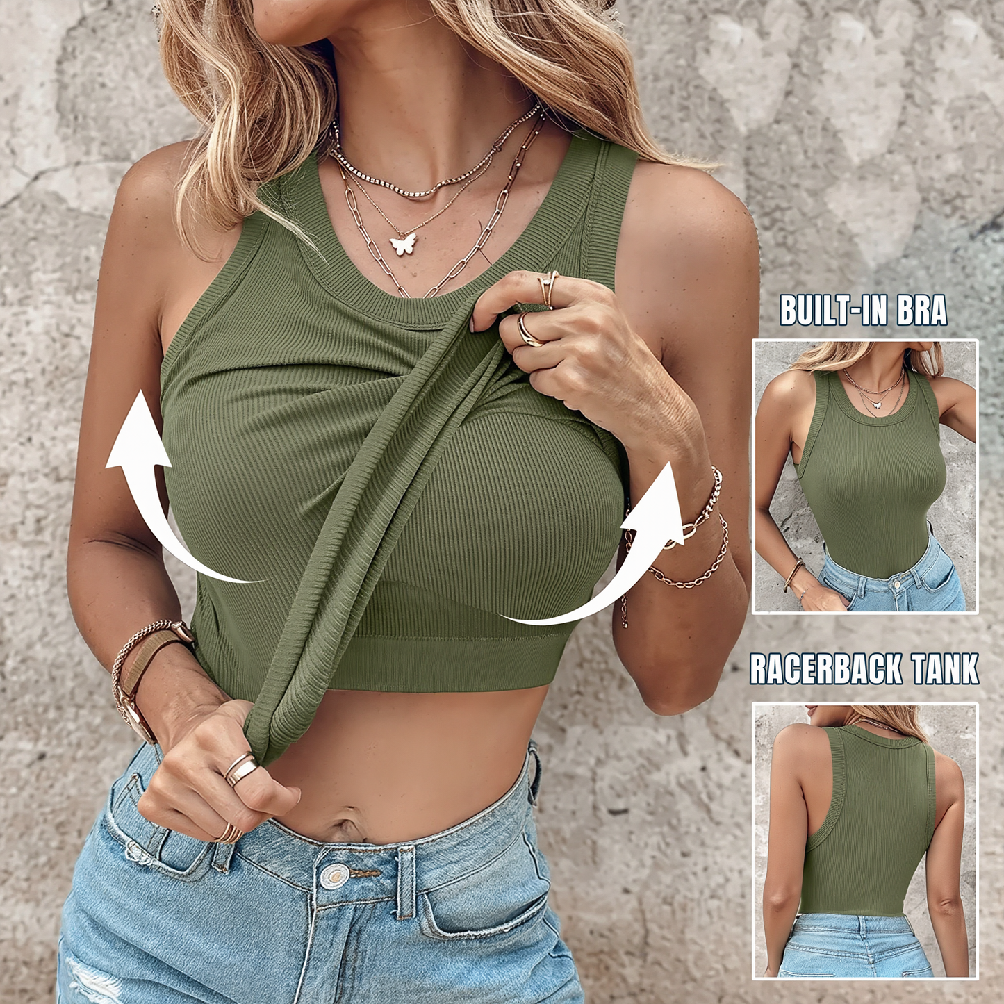 🔥 A versatile ribbed tank designed with a built-in bra, stretchy fabric and a classic racerback silhouette. Easy to wear on its own or layer with your favorite everyday outfits.