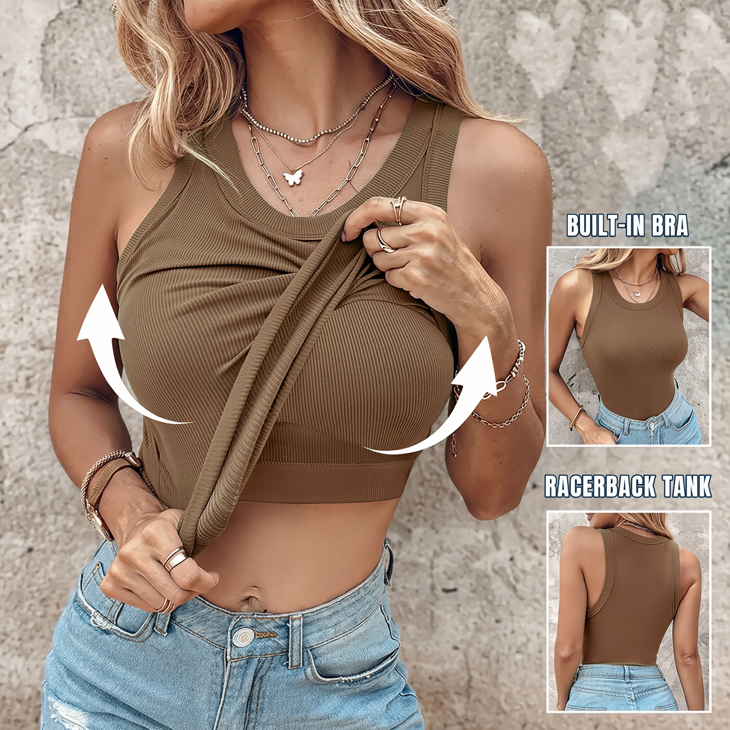 🔥 A versatile ribbed tank designed with a built-in bra, stretchy fabric and a classic racerback silhouette. Easy to wear on its own or layer with your favorite everyday outfits.