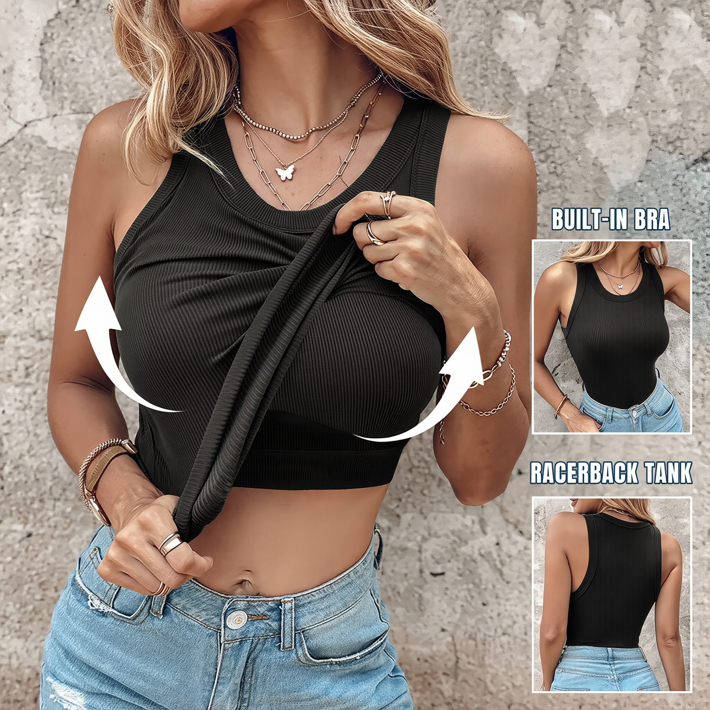 🔥 A versatile ribbed tank designed with a built-in bra, stretchy fabric and a classic racerback silhouette. Easy to wear on its own or layer with your favorite everyday outfits.