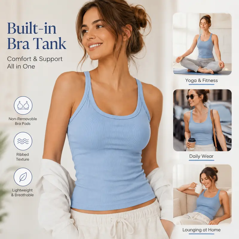 Women's Built-In Bra Tank Top – Classic & Lace-Back Styles with Optional Shorts Set