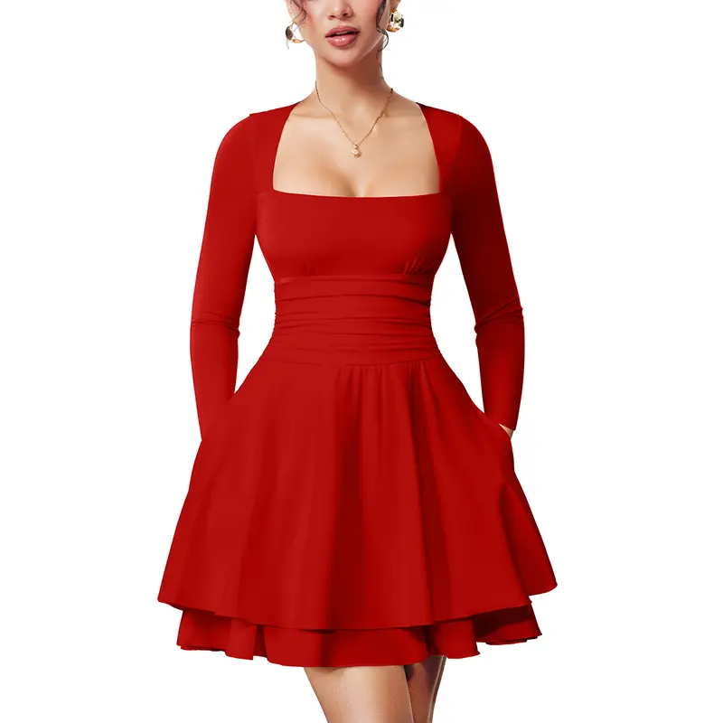 Women's Square Neck Ruffle Hem Mini Dress with Ruched Waist and Long Sleeves