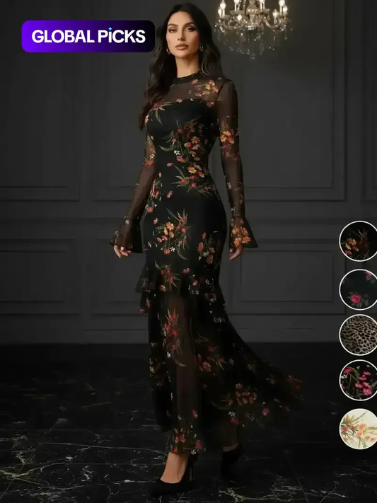 Women’s Floral Mesh Long Sleeve Ruffle Maxi Dress