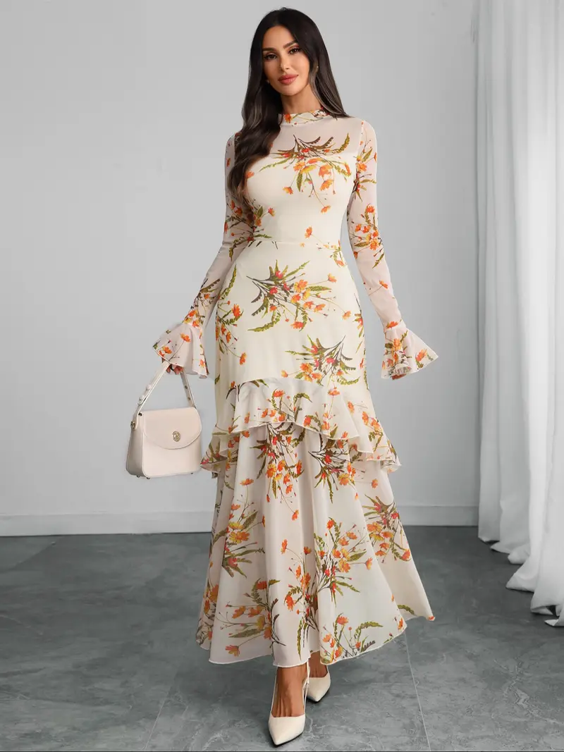 Women’s Floral Mesh Long Sleeve Ruffle Maxi Dress