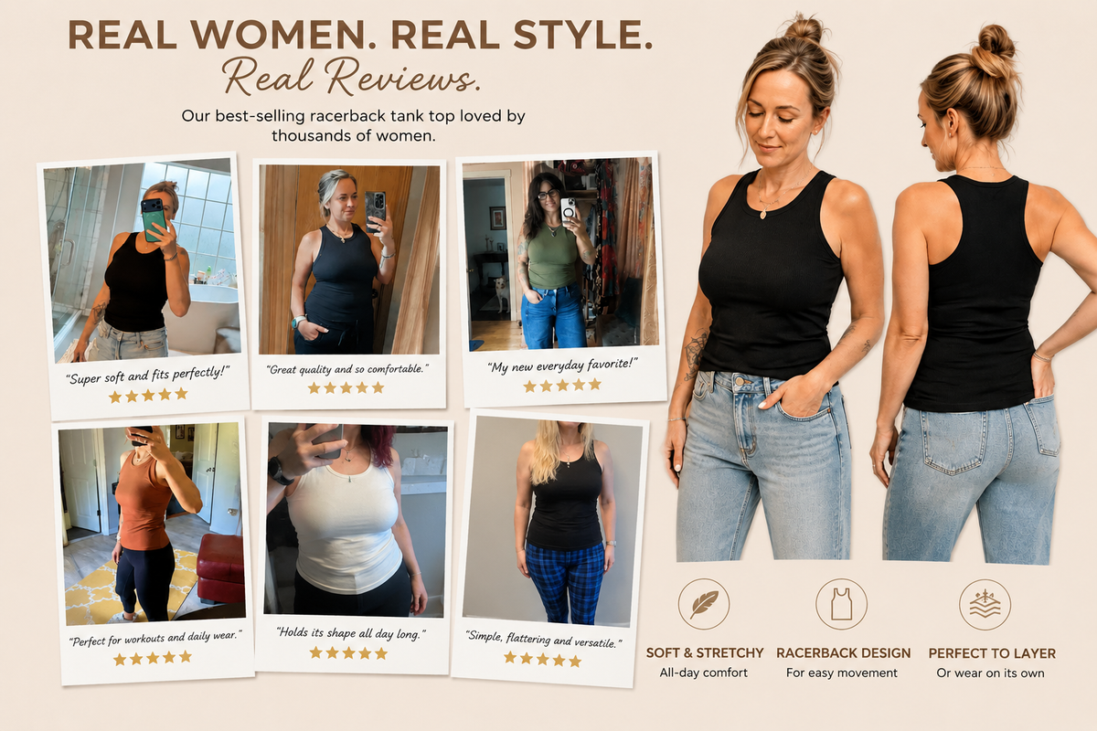 🔥 A versatile ribbed tank designed with a built-in bra, stretchy fabric and a classic racerback silhouette. Easy to wear on its own or layer with your favorite everyday outfits.