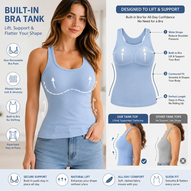 Women's Built-In Bra Tank Top – Classic & Lace-Back Styles with Optional Shorts Set