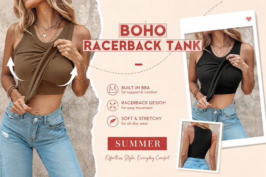 🔥 A versatile ribbed tank designed with a built-in bra, stretchy fabric and a classic racerback silhouette. Easy to wear on its own or layer with your favorite everyday outfits.