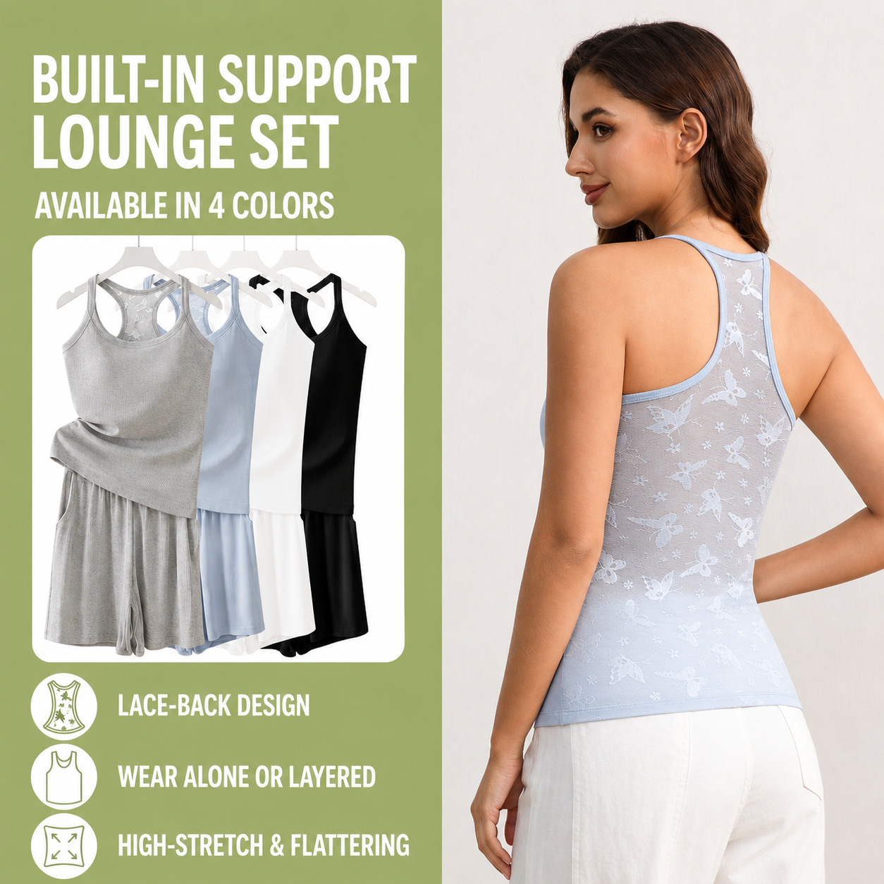 Women's Built-In Bra Tank Top – Classic & Lace-Back Styles with Optional Shorts Set