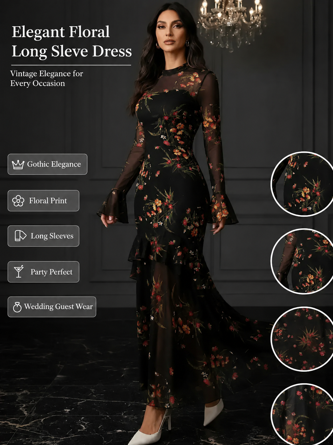 Women’s Floral Mesh Long Sleeve Ruffle Maxi Dress