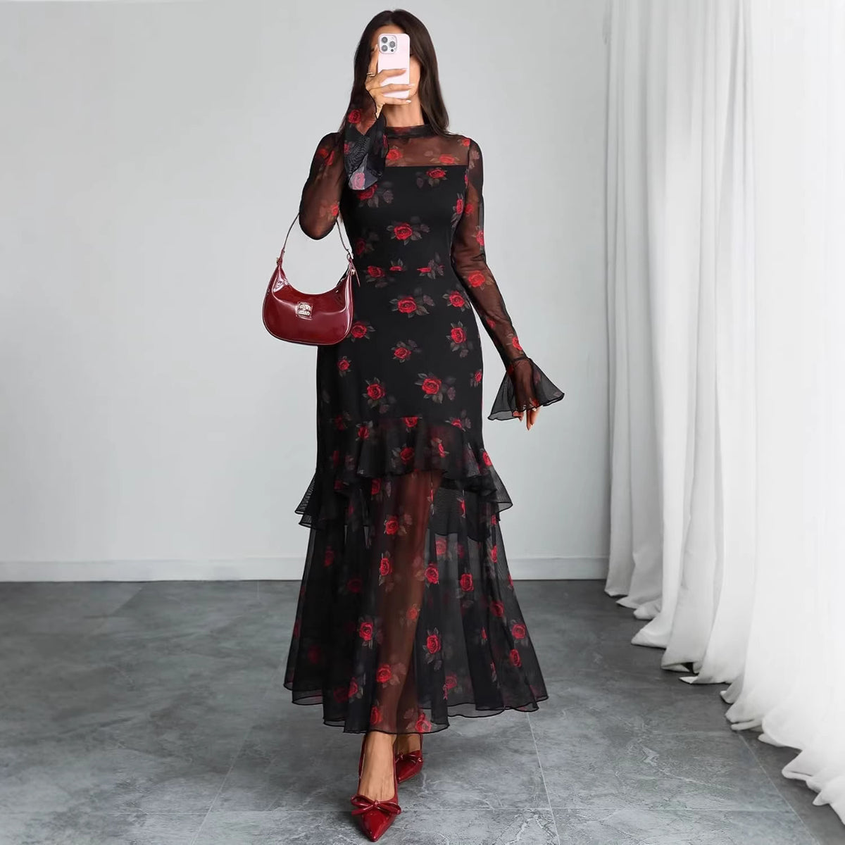 Women's Floral Mesh Long Sleeve Ruffle Maxi Dress - Black Floral