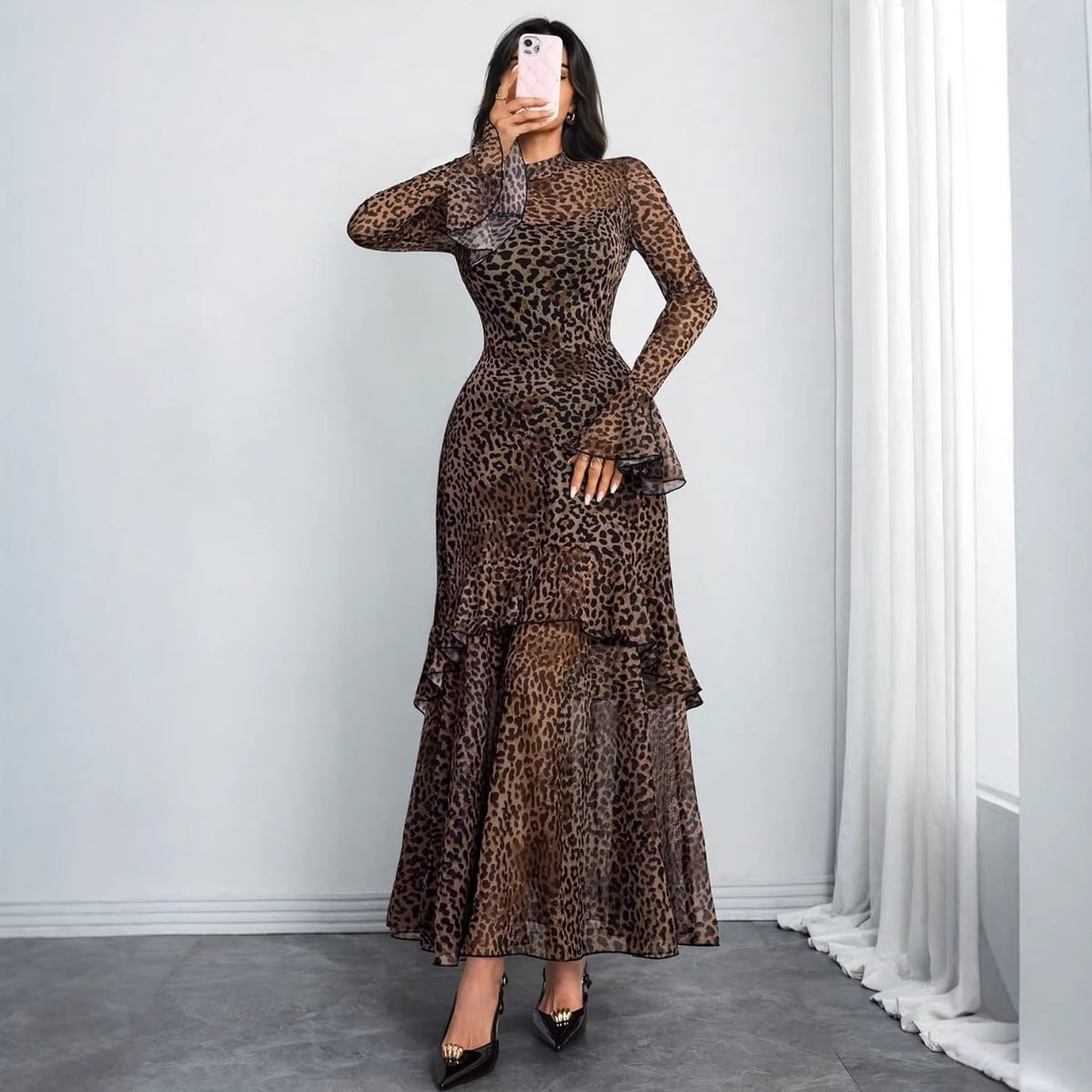 Women's Floral Mesh Long Sleeve Ruffle Maxi Dress - Black Floral