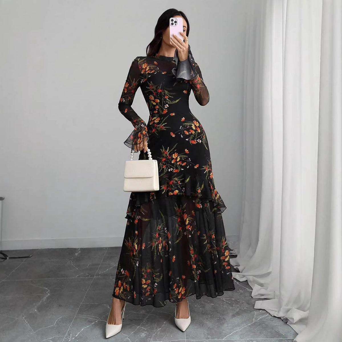 Women's Floral Mesh Long Sleeve Ruffle Maxi Dress - Black Floral