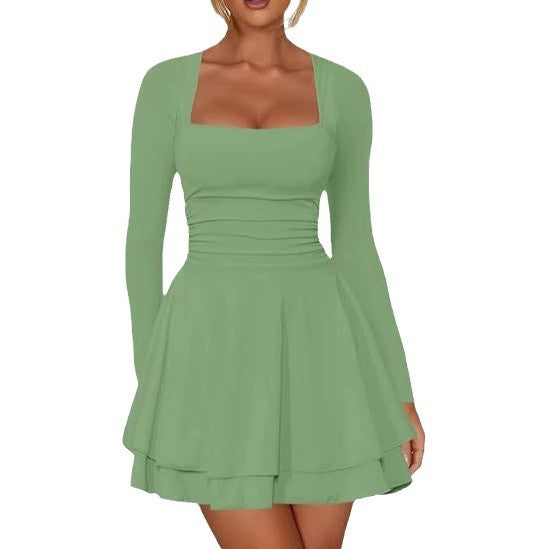 Black Women's Square Neck Long Sleeve Fitted Mini Dress