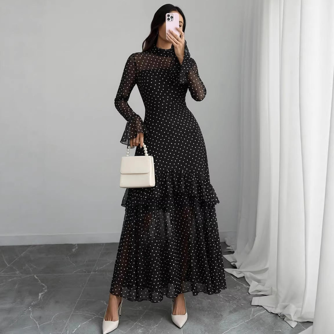 Women's Floral Mesh Long Sleeve Ruffle Maxi Dress - Black Floral