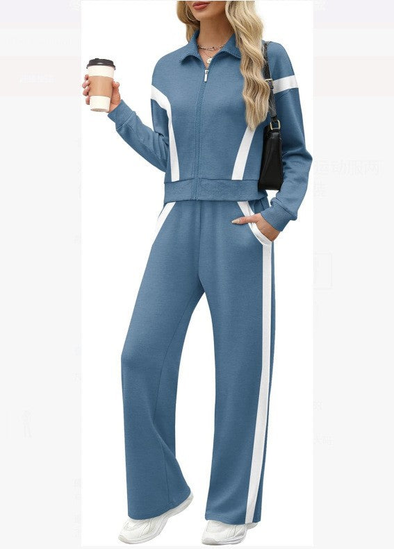 Women’s Colorblock Zip-Up Jacket & Wide-Leg Pants Two-Piece Set