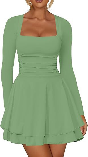 Black Women's Square Neck Long Sleeve Fitted Mini Dress