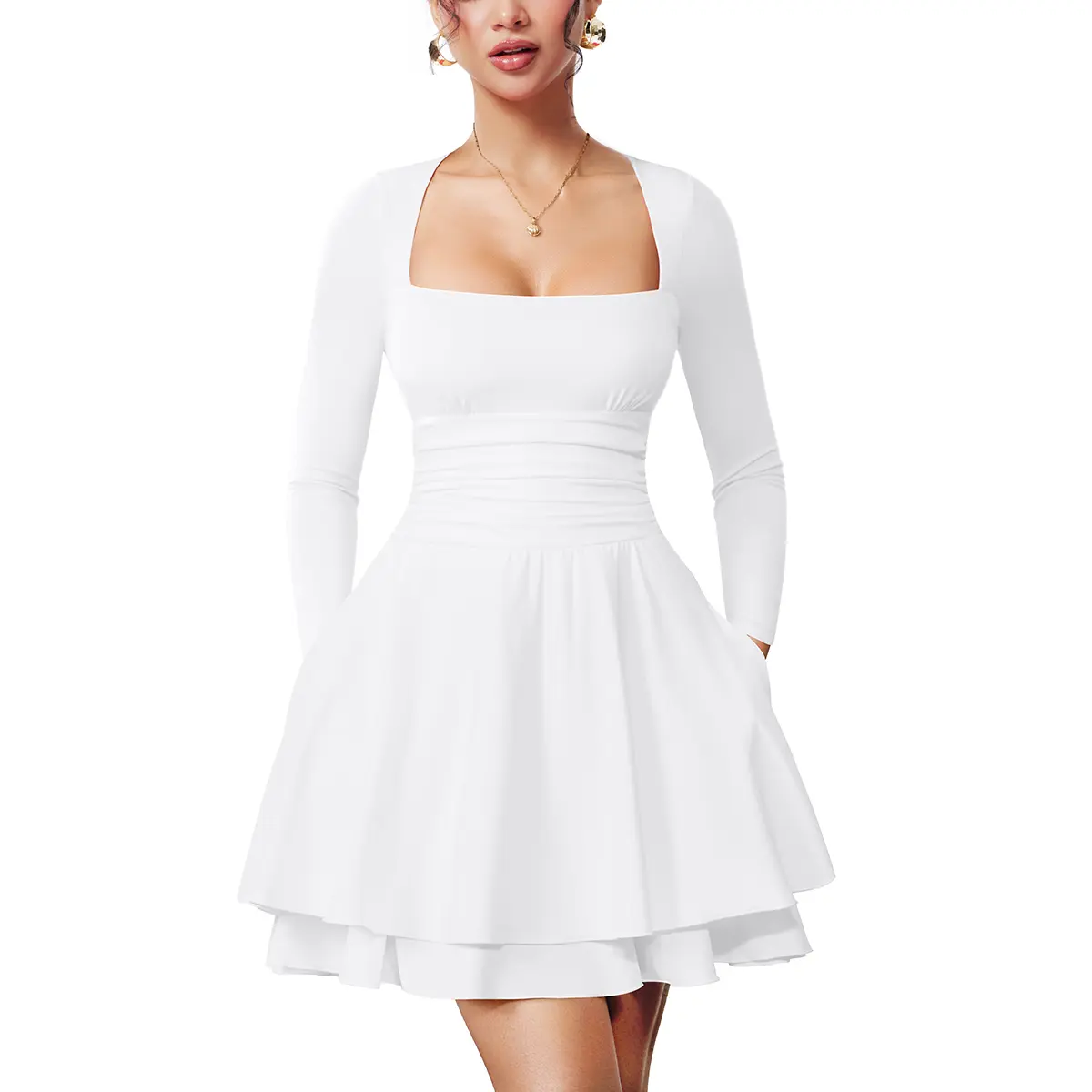 Women's Square Neck Ruffle Hem Mini Dress with Ruched Waist and Long Sleeves