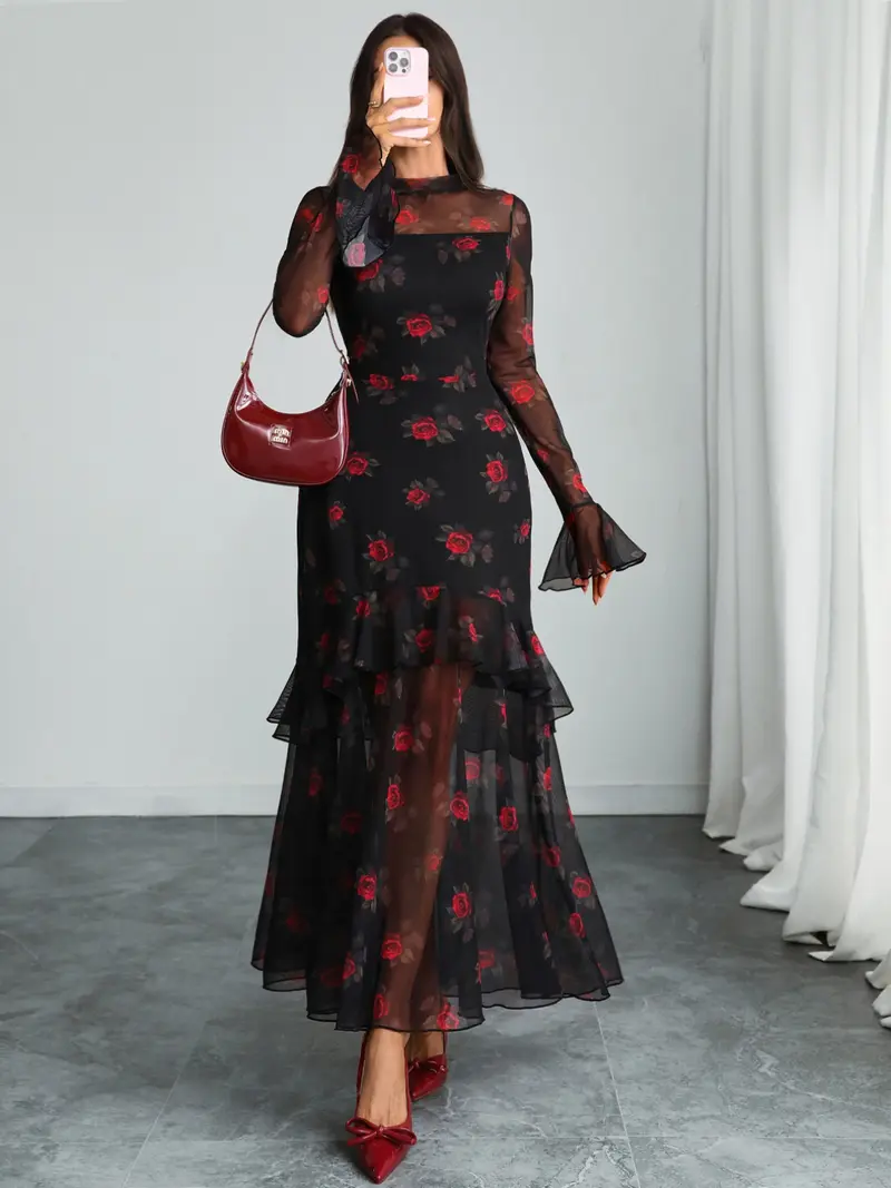 Women’s Floral Mesh Long Sleeve Ruffle Maxi Dress
