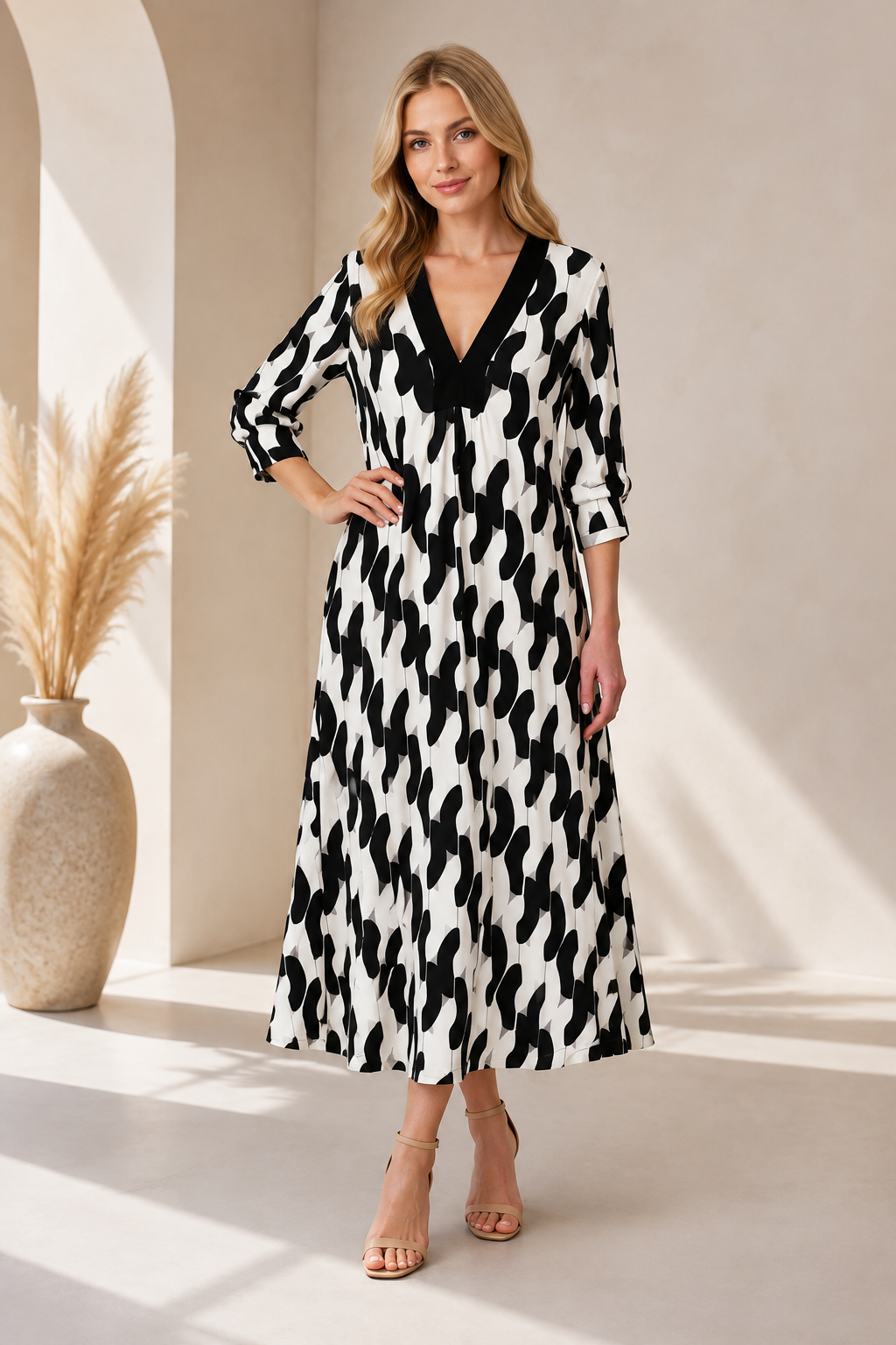 V‑Neck 3/4 Sleeve Midi Dress, Loose‑Fit Casual Flowy Tunic Dress For Daily Wear