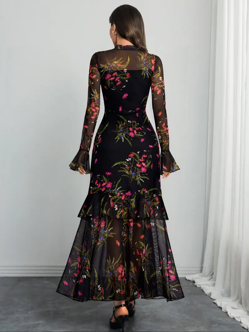 Women’s Floral Mesh Long Sleeve Ruffle Maxi Dress