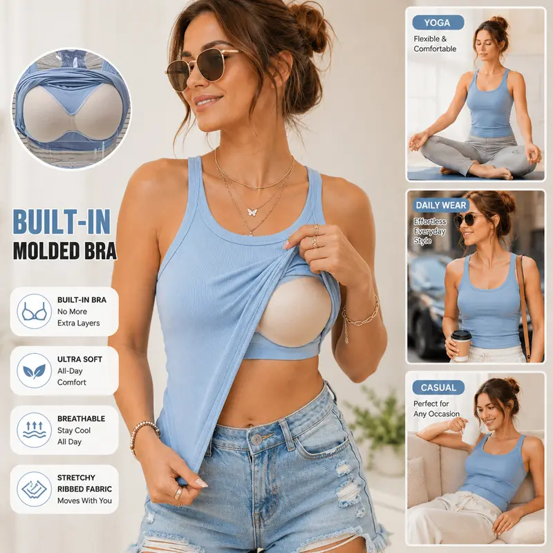 Women's Built-In Bra Tank Top – Classic & Lace-Back Styles with Optional Shorts Set